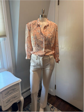 Vintage Nicola | Peach w/ Black Abstract design Blouse w/Shoulder Pads | Size 6